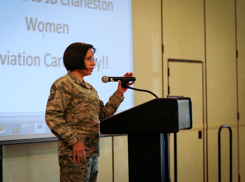 Air Force Reserve Command’s Command Master Chief, Ericka Kelly shares her story about growing up in a poor family in Gutemala to her current role as AFRC’s top enlisted Airman and her civilian job as a special agent with the Department of Homeland Security. the Command Chief was guest speaker at the 10th Annual Joint Base Charleston Women in Aviation Career Day March 20 at Joint Base Charleston, S.C. (U.S. Air Force photo by Senior Airman Tom Brading)