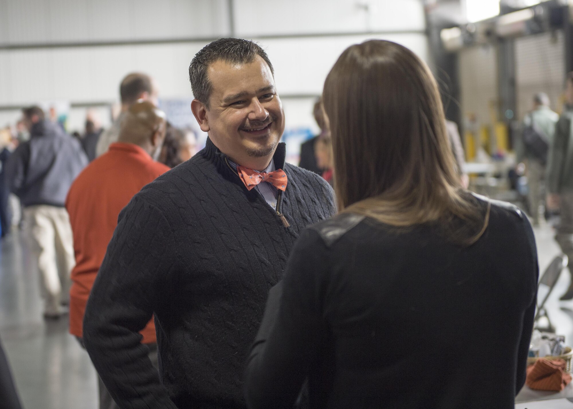 Tech. Sgt. James Harrison, wing inspection planner, 512th Airlift Wing, listens to potential employers during the Transition Summit Hiring Fair, Dover Air Force Base, March 16, 2017. The Transition Summit, sponsored by the U.S. Chamber of Commerce and Hiring our Heroes, offered multiple workshops from resume writing to interview rehearsals in additional to the hiring fair. (U.S. Air Force Photo/Tech. Sgt. Nathan Rivard)
