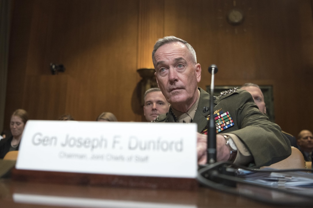Defense Secretary Jim Mattis and Marine Corps Gen. Joe Dunford, chairman of the Joint Chiefs of Staff, speak at the Senate Appropriations Defense Subcommittee hearing on Capitol Hill, March 22, 2017. DoD photo by Navy Petty Officer 2nd Class Dominique A. Pineiro