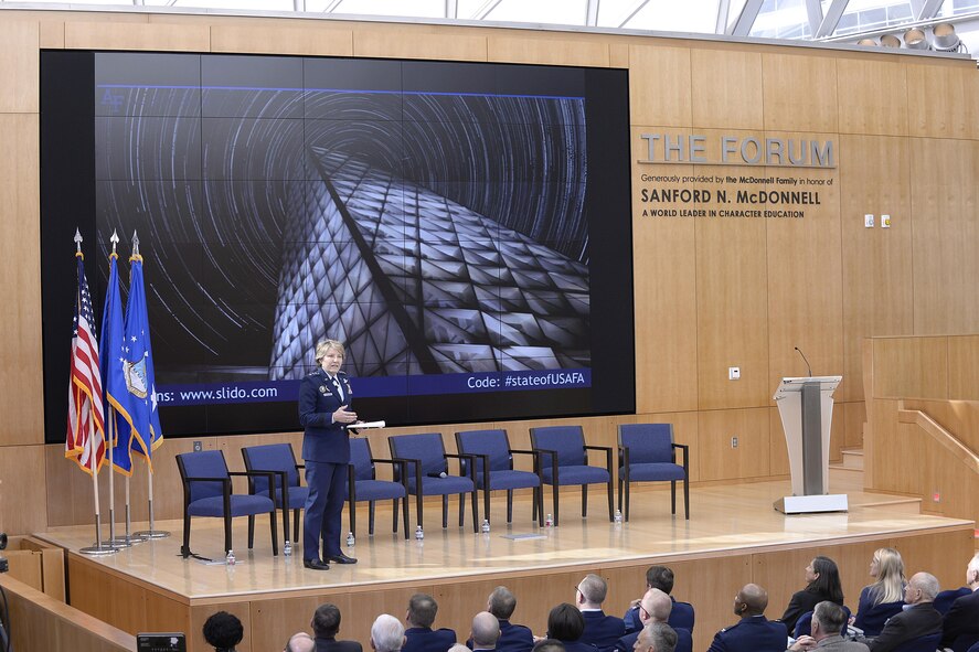 Lt. Gen. Michelle Johnson, the superintendent of the U.S. Air Force Academy, speaks from the stage at Polaris Hall March 22, 2017, to an audience of civic leaders, the news media and industry partners, at the State of USAFA forum. The forum is an annual event to update the Academy's audience on the school’s state of affairs and future plans. (U.S. Air Force photo/Mike Kaplan)