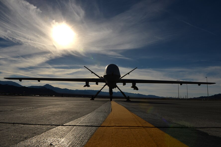 An MQ-9 Reaper remotely piloted aircraft awaits maintenance on the flightline Feb. 1, 2017, at Creech Air Force Base, Nev. RPAs are used in various missions to provide combatant commanders with persistent, dominant attack capabilities. (U.S. Air Force photo by Airman 1st Class Kristan Campbell)
