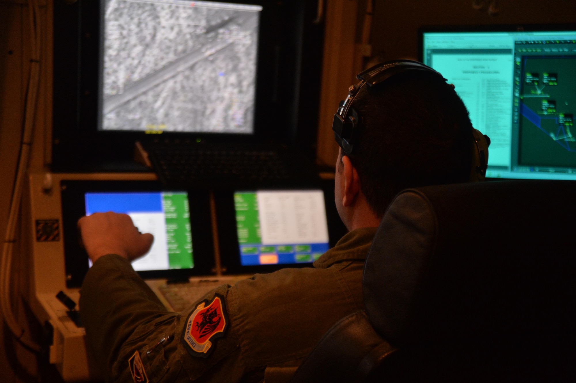 A sensor operator assigned to the 11th Attack Squadron trains in support of the launch and recovery missions March 2, 2017, at Creech Air Force Base, Nev. In addition to setting the standard of LRE training for MQ-1s and MQ-9s in the Air Force, the 11th also supports exercises involving these aircraft at the Nevada Test and Training Range. Exercises such as Red Flag, Green Flag and other advanced aerial combat training scenarios are made possible by the combined efforts of aircrews trained by the 11th ATKS FTU. (U.S. Air Force photo/Airman 1st Class Kristan Campbell)