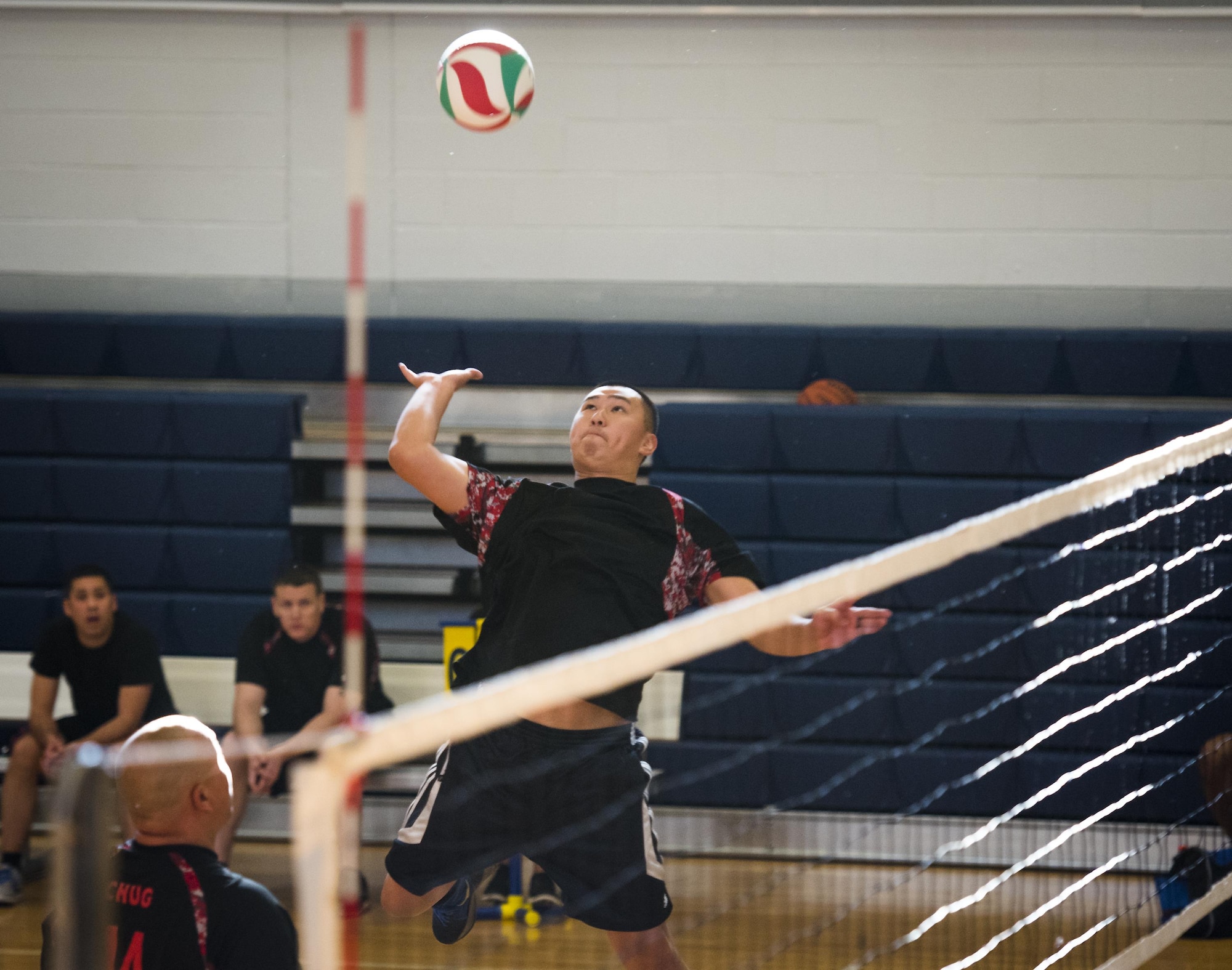 A 96th Medical Group player goes up for a spike during their intramural volleyball game with the 96th Force Support Squadron March 21 at Eglin Air Force Base, Fla.  The MDG destroyed the other team winning in two games, 25-12 and 25-14.  (U.S. Air Force photo/Samuel King Jr.)
