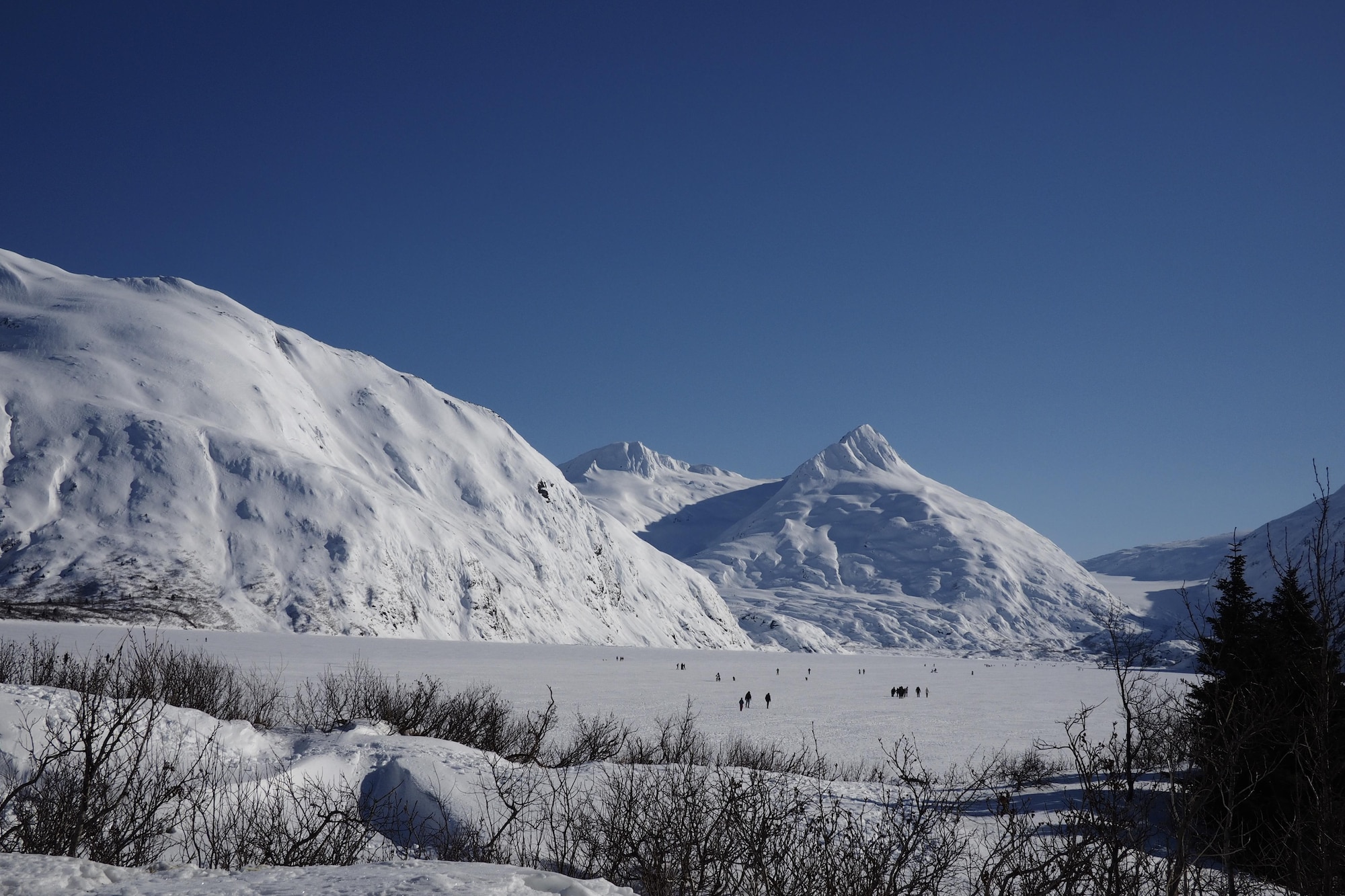 Alaskan adventurers venture into the white yonder near Byron Glacier at Girdwood, Alaska, March 12, 2017. 