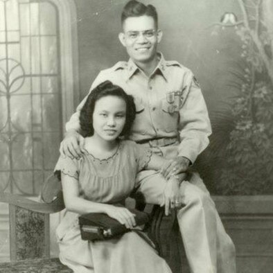 US. Army soldier Ricardo Plana, and his wife, Emerenciana Plana, pose for a photo in the Philippines, in between 1946 and 1949. Retired U.S. Army Sgt. Maj. Ricardo Plana and thousands more prisoners of war were forced to march 70 miles before entering concentration camps during WWII. To honor his and other POW’s sacrifices, Plana’s grandson, U.S. Air Force Staff Sgt. Max Biser, 23d Security Forces Squadron NCO in charge of confinement, marched 26.2 miles, March 19, 2017, at White Sands Missile Range, N. M. (courtesy photo)