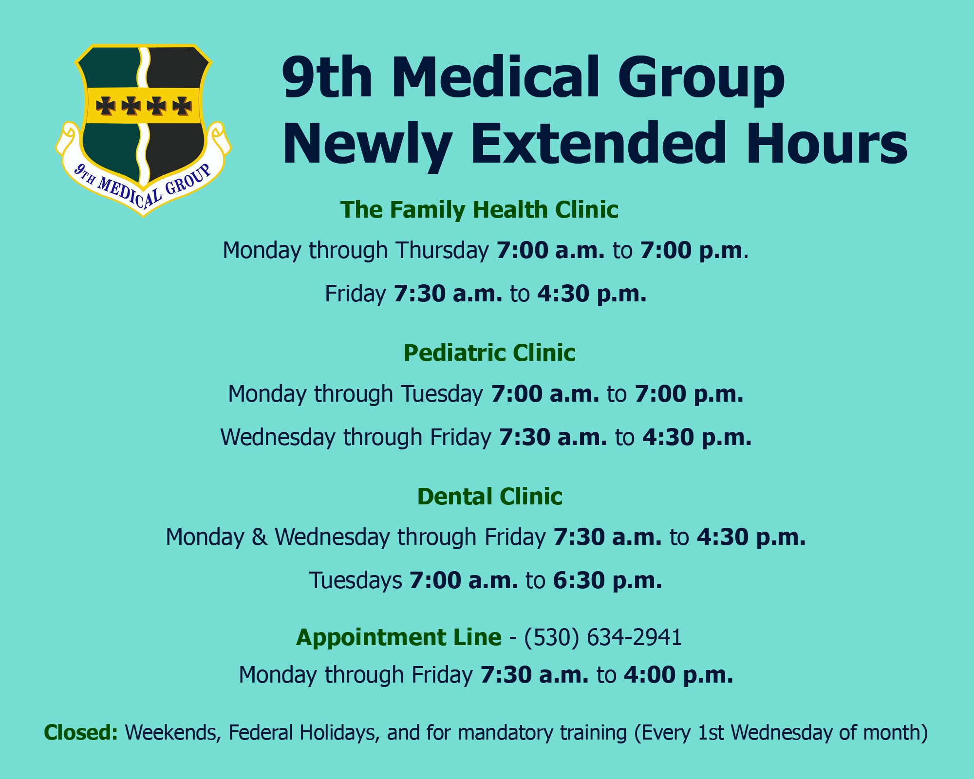 The 9th Medical Group has established an innovative extended hours program that has moved their closing time from 4:30 p.m. to 7:00 p.m. in a variety of clinics on a variety of days, allowing for more flexible scheduling. (U.S. Air Force photo/Staff Sgt. Jeffrey Schultze)