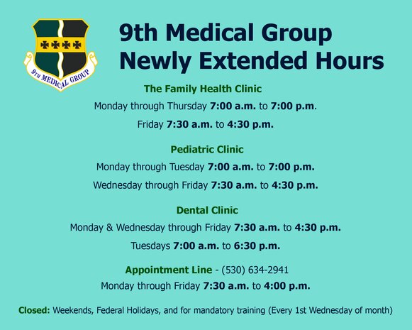 The 9th Medical Group has established an innovative extended hours program that has moved their closing time from 4:30 p.m. to 7:00 p.m. in a variety of clinics on a variety of days, allowing for more flexible scheduling. (U.S. Air Force photo/Staff Sgt. Jeffrey Schultze)