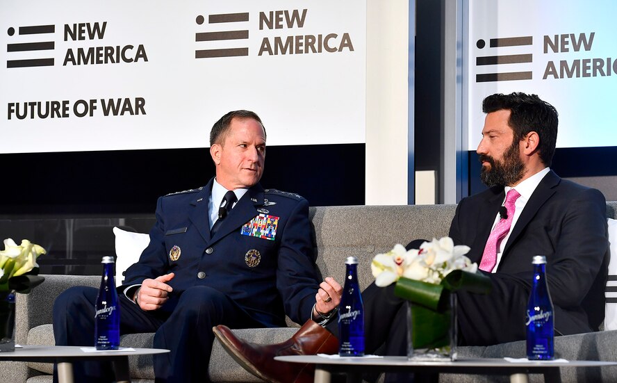 Air Force Chief of Staff Gen. David L. Goldfein discusses the future of warfare with Kevin Baron, from Defense One media outlet, at theFuture of War conference March 21, 2017, in Washington, D.C. (U.S. Air Force photo/Scott M. Ash)