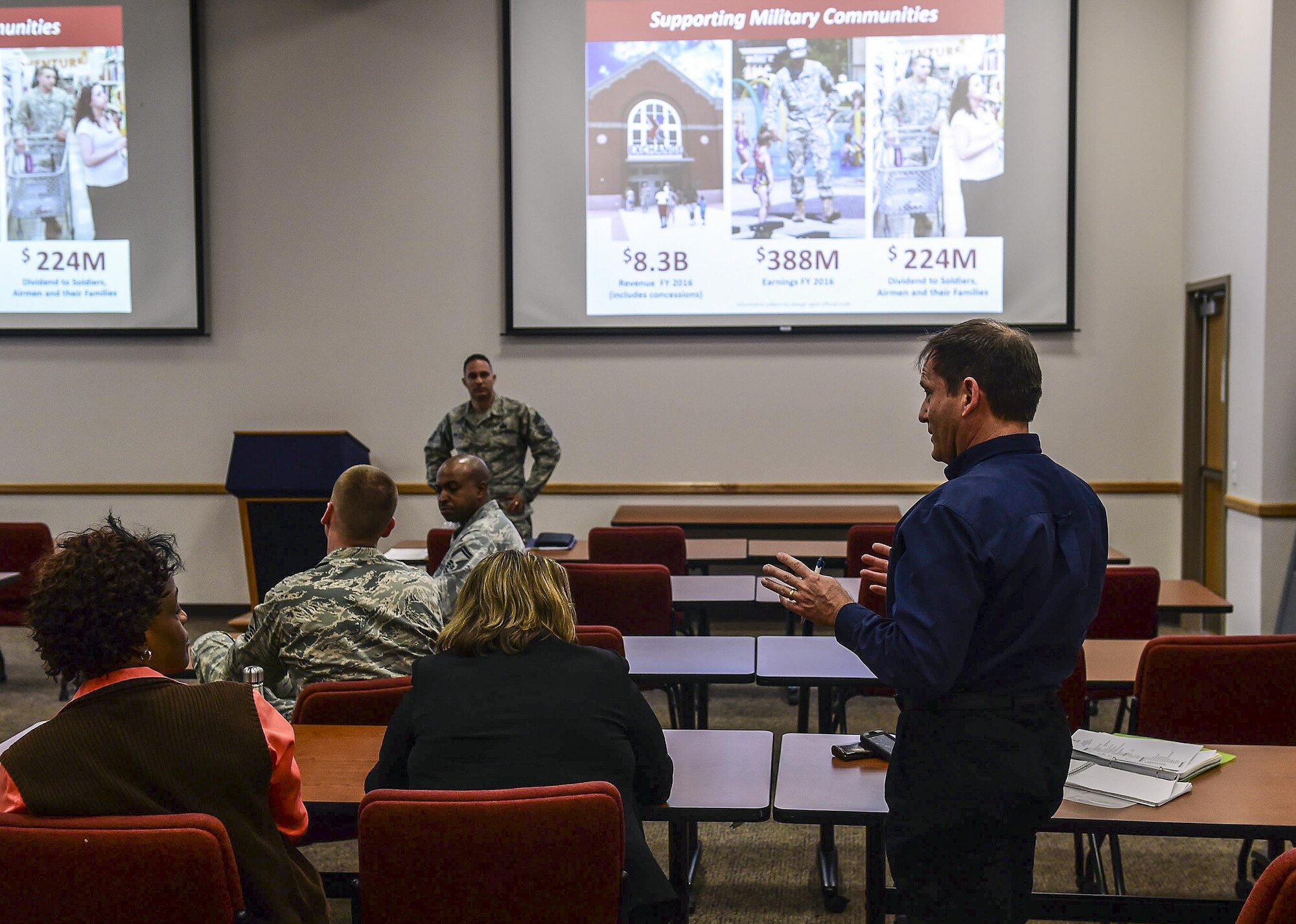 A Team Buckley member asks Chief Master Sgt. Luis Reyes, Army & Air Force Exchange Service’s senior enlisted advisor, a question during a discussion about the services and programs offered by AAFES March 21, 2017, at Buckley Air Force Base, Colo. Reyes toured the main Exchange, mall and food court for a first-hand look at how the Exchange benefit is supporting the community. Reyes met with Team Buckley’s First Sergeants and group chiefs to address the value the Exchange provides. (U.S. Air Force photo by Airman Jacob Deatherage)   