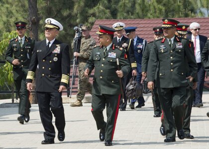 U.S. Pacific Command commander Admiral Harry Harris meets with Chief of Nepalese Army Staff General Rajendra Chhetri after landing at the Birendra Peace Operations Training Centre (BPOTC) in Nepal for the opening ceremony of Shanti Prayas III, Mar. 20, 2017. Shanti Prayas III is a multinational United Nations peacekeeping exercise designed to provide pre-deployment training to U.N. partner countries in preparation for real-world peacekeeping operations. 