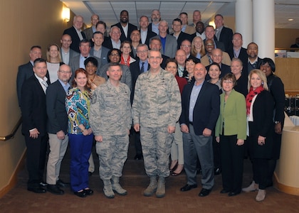 U.S. Air Force Gen. John E. Hyten (center), commander of U.S. Strategic Command (USSTRATCOM), and U.S. Air Force Chief Master Sgt. Patrick F. McMahon (left of center), senior enlisted leader of USSTRATCOM, meet with APEX 44 participants at the Dougherty Conference Center, Offutt Air Force Base, Neb., March 22, 2017.  Hyten provided the commander’s perspective and held a question and answer session with participants.  APEX is a Department of Defense (DoD) Senior Executive Service orientation program for newly appointed senior executives for a practical and theoretical understanding of the structure and processes of the Office of the Secretary of Defense; the combatant commands, including USSTRATCOM; the joint staff; and the military departments. The program also helps civilian leaders gain an enterprise-wide perspective that encompasses expectations, opportunities and challenges currently facing DoD.  One of nine DoD unified combatant commands, USSTRATCOM has global strategic missions assigned through the Unified Command Plan that include strategic deterrence; space operations; cyberspace operations; joint electronic warfare; global strike; missile defense; intelligence, surveillance and reconnaissance; and analysis and targeting.