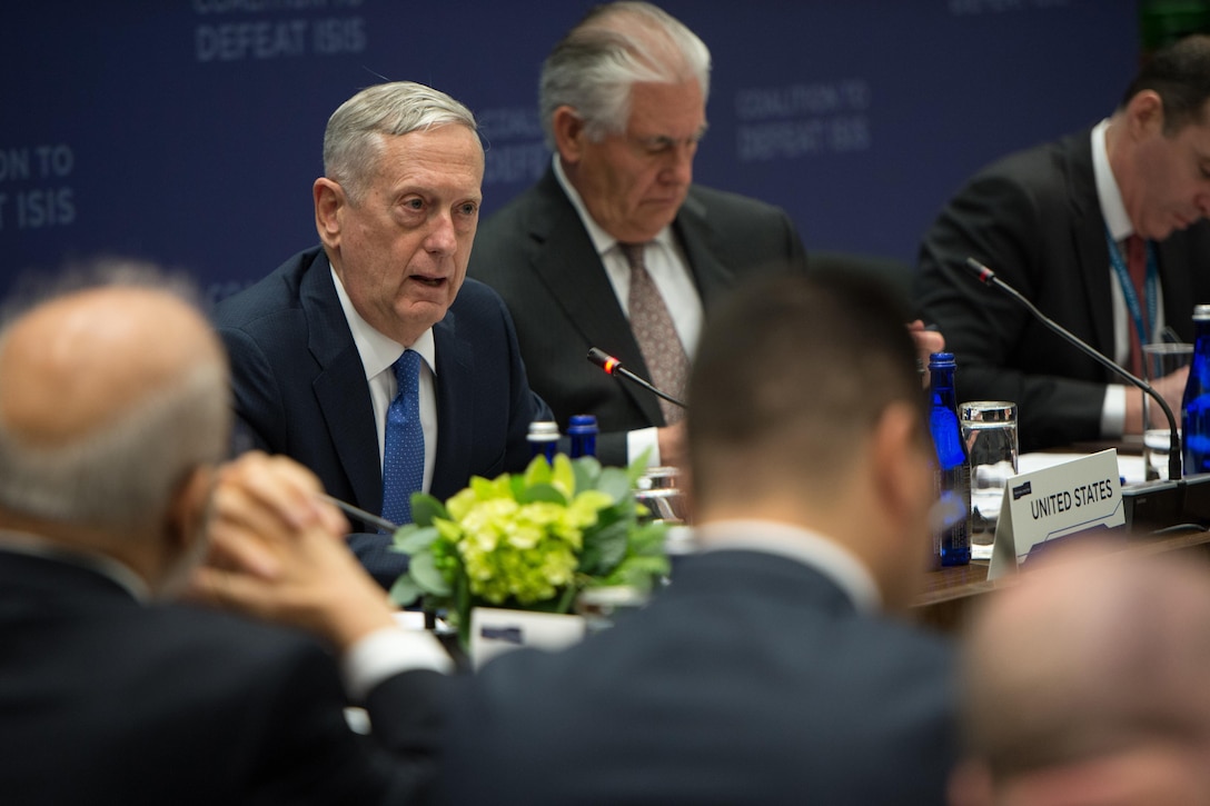 Defense Secretary Jim Mattis speaks during a meeting for members of the global coalition working to defeat the Islamic State of Iraq and Syria at the State Department in Washington, D.C., March 22, 2017. DoD photo by Air Force Staff Sgt. Jette Carr