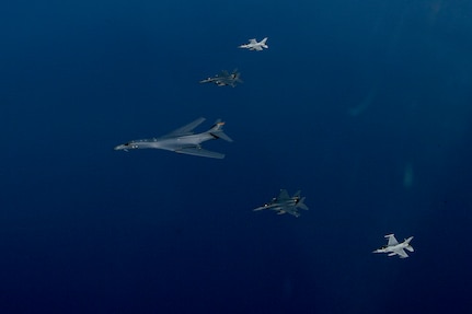 A U.S. Air Force B-1B Lancer flies in formation with Republic of Korea F-15Ks and F-16s in the vicinity of the Republic of Korea March 21, 2017. The sortie was carried out as part of U.S. Pacific Command's continuous bomber presence mission.  
