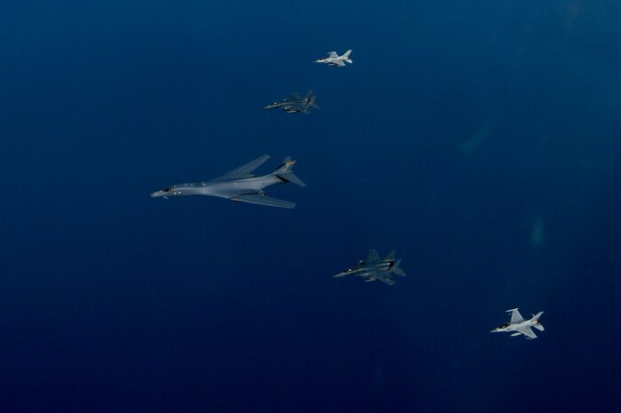 A U.S. Air Force B-1B Lancer flies in formation with Republic of Korea F-15Ks and F-16s in the vicinity of the Republic of Korea March 21, 2017. The sortie was carried out as part of U.S. Pacific Command's continuous bomber presence mission.  
