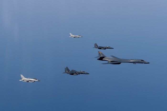 An Air Force B-1B Lancer conducts a bilateral mission in the vicinity of Japan with Japan Air Self-Defense Force F-15J Eagles, followed by a bilateral mission with South Korean air force F-15K Slam Eagles conducted in South Korean airspace. Courtesy photo