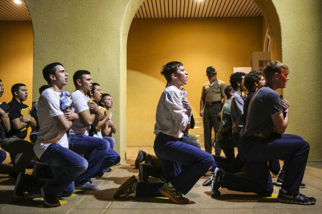 New recruits receive a briefing on the Uniform Code of Military Justice at Marine Corps Recruit Depot San Diego, March 20, 2017. At this point, recruits learn about the articles of the code that apply to them as they train. The recruits are scheduled to graduate June 16. Marine Core photo by Cpl. Angelica Annastas