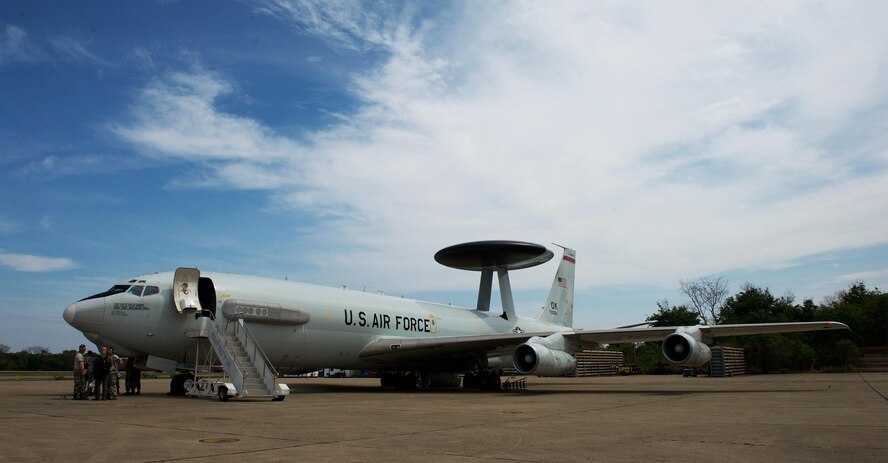 A U.S. Air Force E-3 Sentry Airborne Warning and Control System (AWACS) aircraft assigned to the 961st Airborne Air Control Squadron (AACS) prepares for a mission during exercise Cope Tiger 2017 at Korat Royal Thai Air Force Base, Thailand, March 21, 2017. The 961st AACS is a combat-ready E-3 squadron providing airborne command and control, long-range surveillance, detection and identification information, further maximizing interoperability between the U.S., Thai and Singapore militaries which is essential in tackling non-traditional security challenges such as maritime security and terrorism. (U.S. Air Force photo by Staff Sgt. Kamaile Chan)