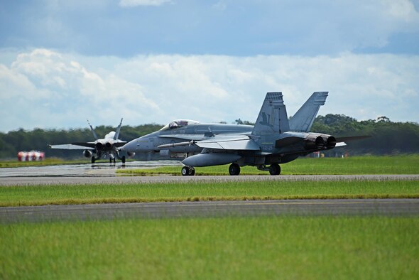 Royal Australian Air Force F-18A Hornets taxi at RAAF Williamtown, during Exercise Diamond Shield 2017 in New South Wales, Australia, March 21, 2017. (U.S. Air Force photo by Tech. Sgt. Steven R. Doty)