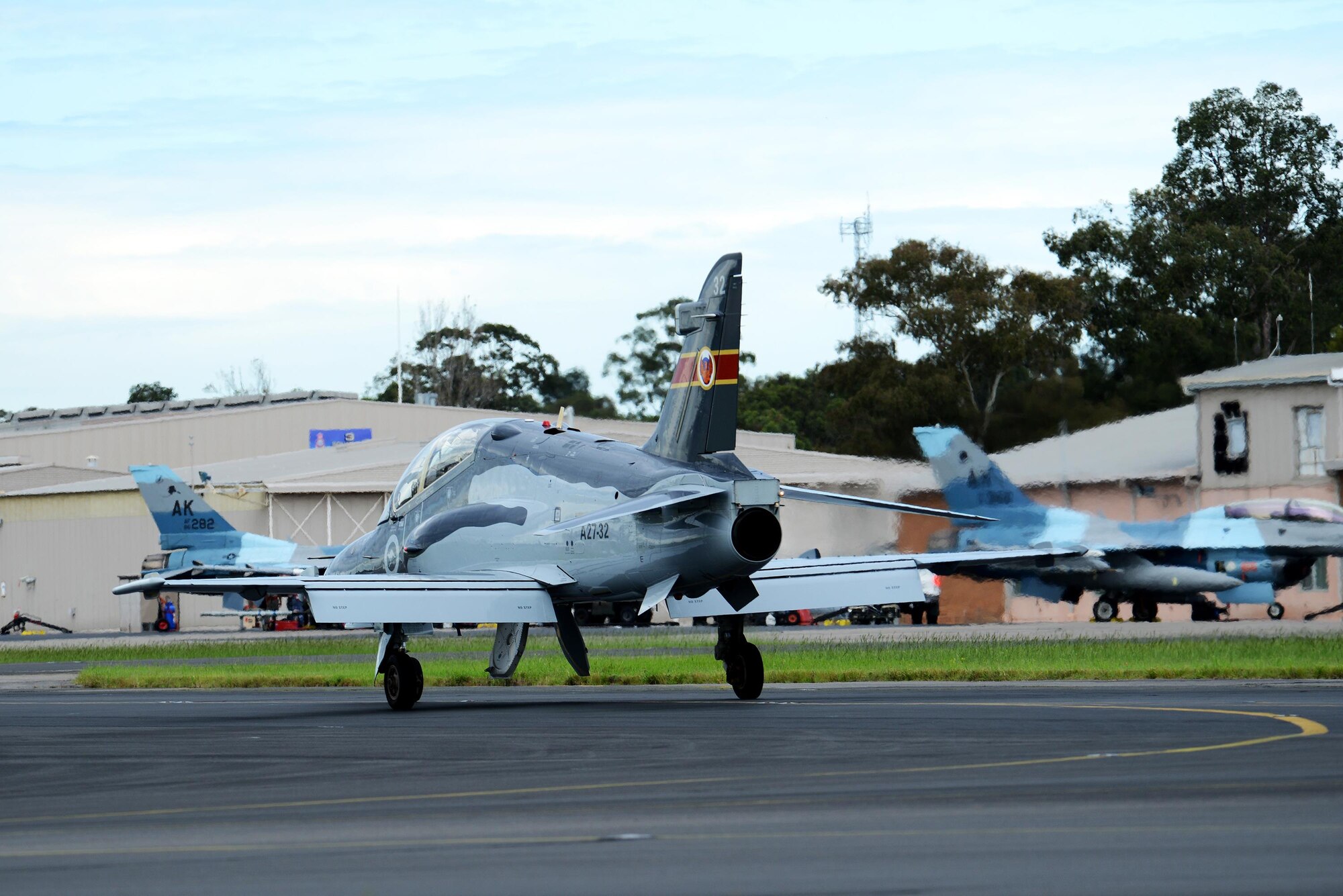 A Royal Australian Air Force BAE Hawk trainer taxis at RAAF Williamtown, during Exercise Diamond Shield 2017 in New South Wales, Australia, March 21, 2017. (U.S. Air Force photo by Tech. Sgt. Steven R. Doty)