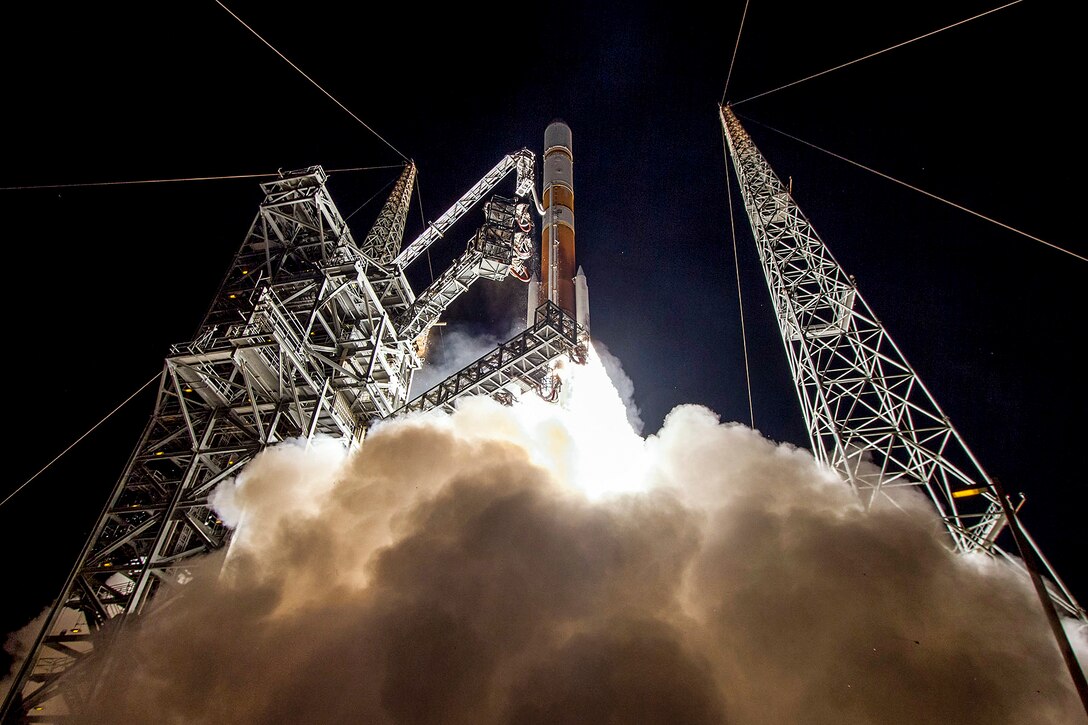 The Air Force launches the ninth Boeing-built Wideband Global SATCOM satellite at Cape Canaveral Air Force Station, Fla., March 18, 2017. Such satellites play an integral part in the strategic and tactical coordination of military operations. Courtesy photo by United Launch Alliance