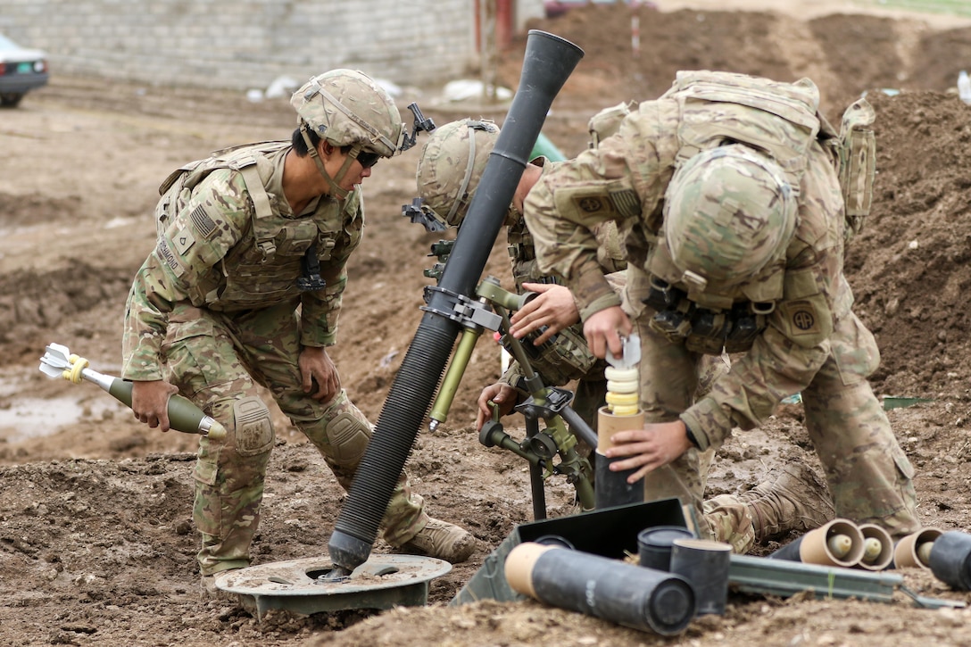 U.S. Army mortarmen, deployed in support of Combined Joint Task Force-Operation Inherent Resolve and assigned to 2nd Brigade Combat Team, 82nd Airborne Division, prepare for a fire mission in support of 9th Iraqi Army Division near Al Tarab, Iraq, during the offensive to liberate West Mosul from ISIS, March 18, 2017. The 2nd BCT, 82nd Abn. Div., enables their Iraqi security forces partners through the advise and assist mission, contributing planning, intelligence collection and analysis, force protection, and precision fires to achieve the military defeat of ISIS. CJTF-OIR is the global Coalition to defeat ISIS in Iraq and Syria. (U.S. Army photo by Staff Sgt. Jason Hull)