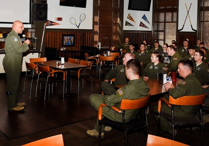 Brig. Gen. Brian Robinson, Air Mobility Command director of operations, holds a question and answer session during an Operations Call for pilots and aircrew assigned to the 437th Airlift Wing at Joint Base Charleston, South Carolina, March 21. Robinson toured various facilities and met with key leadership during his visit.