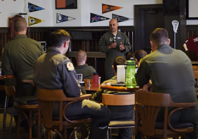 Brig. Gen. Brian Robinson, Air Mobility Command director of operations, holds a question and answer session during an Operations Call for pilots and aircrew assigned to the 437th Airlift Wing at Joint Base Charleston, South Carolina, March 21. Robinson toured various facilities and met with key leadership during his visit.