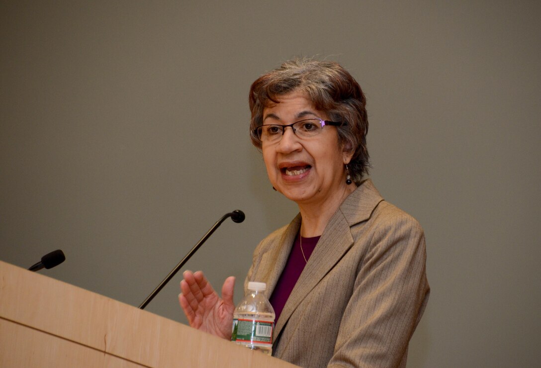 The Rev. Dr. Elizabeth Conde-Frazier talks about women in American history who were trailblazers in business and labor during the Women’s History Month Program March 21 at DLA Troop Support in Philadelphia. Conde-Frazier is the academic dean and vice president of education at Esperanza College of Eastern University.