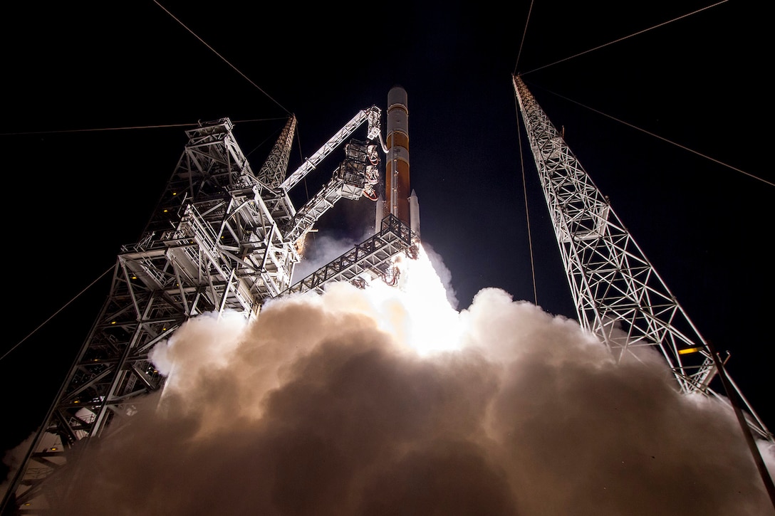 The Air Force launches the ninth Wideband Global Satellite Communications satellite aboard a United Launch Alliance Delta IV Evolved Expendable Launch Vehicle from Cape Canaveral Air Force Station, Florida, March 18, 2017. The satellites play an integral part in the strategic and tactical coordination of military operations. Photo courtesy of United Launch Alliance