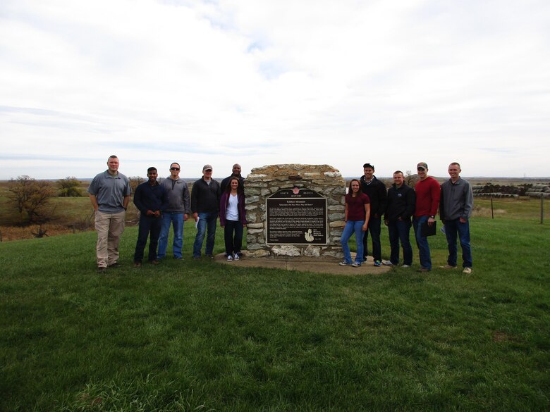 Company grade officers from Minot Air Force Base, N.D., stand on the Killdeer Historic Battlefield site in Killdeer, N.D., Oct. 12, 2016. These CGOs learned about military tactics and leadership, which enables them to teach their subordinates in the future. (Courtesy photo)