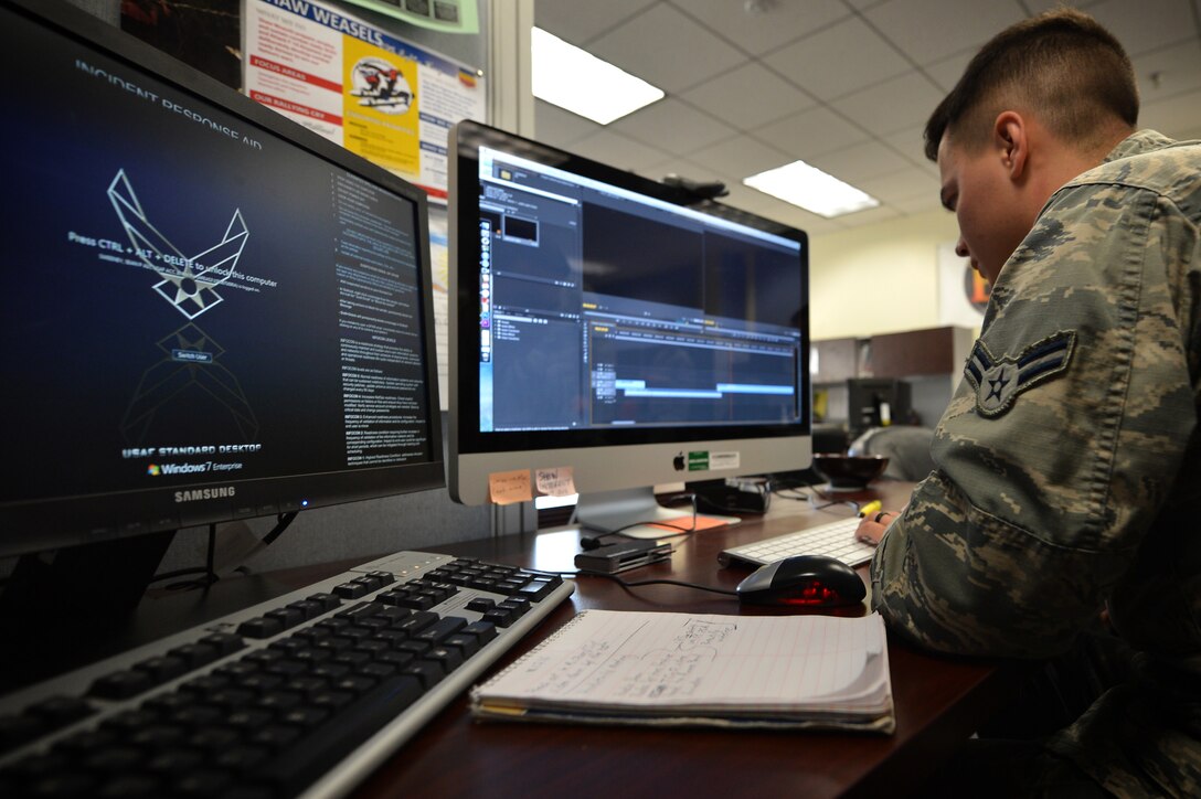 U.S. Air Force Airman 1st Class Seán Sweeney, 20th Fighter Wing (FW) Public Affairs (PA) broadcast journalist journeyman, monitors audio levels before recording a promotional radio announcement at the 20th FW PA office at Shaw Air Force Base, S.C., March 21, 2017. Broadcast journalists communicate through the use of audiovisual productions, intended to inform and educate local and military outlets about base operations, while preserving Air Force history. (U.S. Air Force photo by Airman 1st Class Christopher Maldonado) 