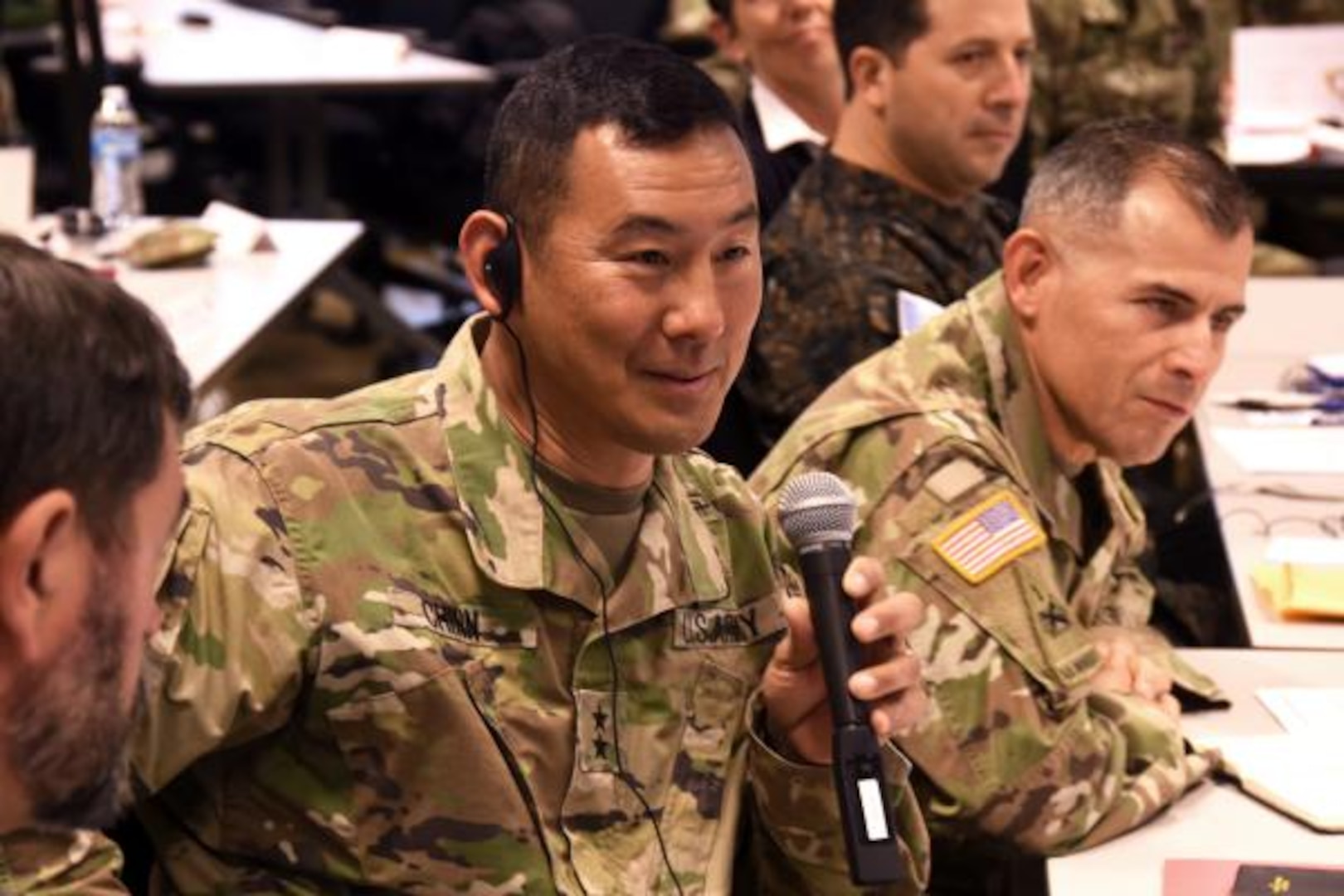 Maj. Gen. K.K. Chinn, commanding general, U.S. Army South, speaks at the 10th annual Central American Regional Leaders Conference that began March 21 on Fort Sam Houston, Texas. The conference is designed for Central American army officers and police to gather and discuss ideas on how to counter regional threats. (US Army South photo)