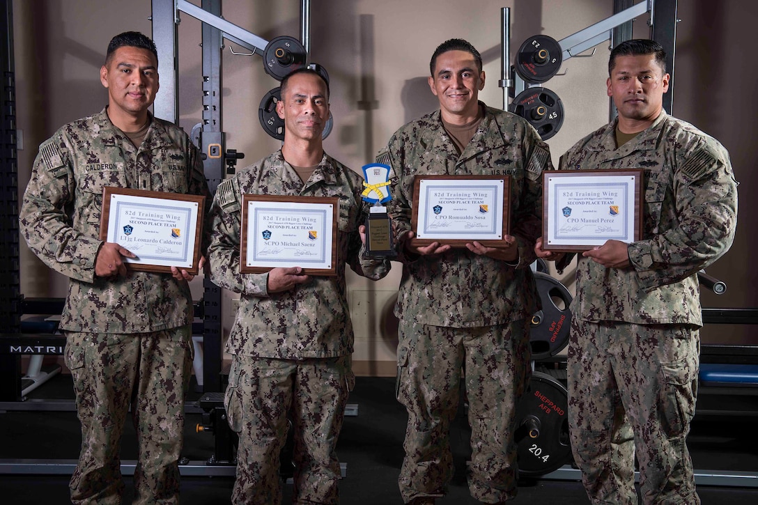 The U.S. Navy team ‘Sea Cows,’ was awarded second place in the Sheppard Air Force Base, Texas, Biggest Loser Challenge, March 9, 2017. This team is made up of U.S. Navy Lt. j.g. Leo Calderon, Senior Chief Petty Officer Michael Saenz, Chief Petty Officer Manuel Perez and Chief Petty Officer Romualdo Sosa. (U.S. Air Force photo by Staff Sgt. Kyle E. Gese)