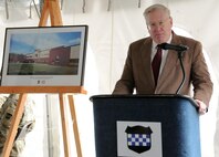 Nick Taylor, supervisory facility operations specialist with the U.S. Army Reserve's 99th Regional Support Command at Joint Base McGuire-Dix-Lakehurst, New Jersey, narrates a groundbreaking ceremony March 18 for a new Army Reserve Center on Joint Base McGuire-Dix-Lakehurst.