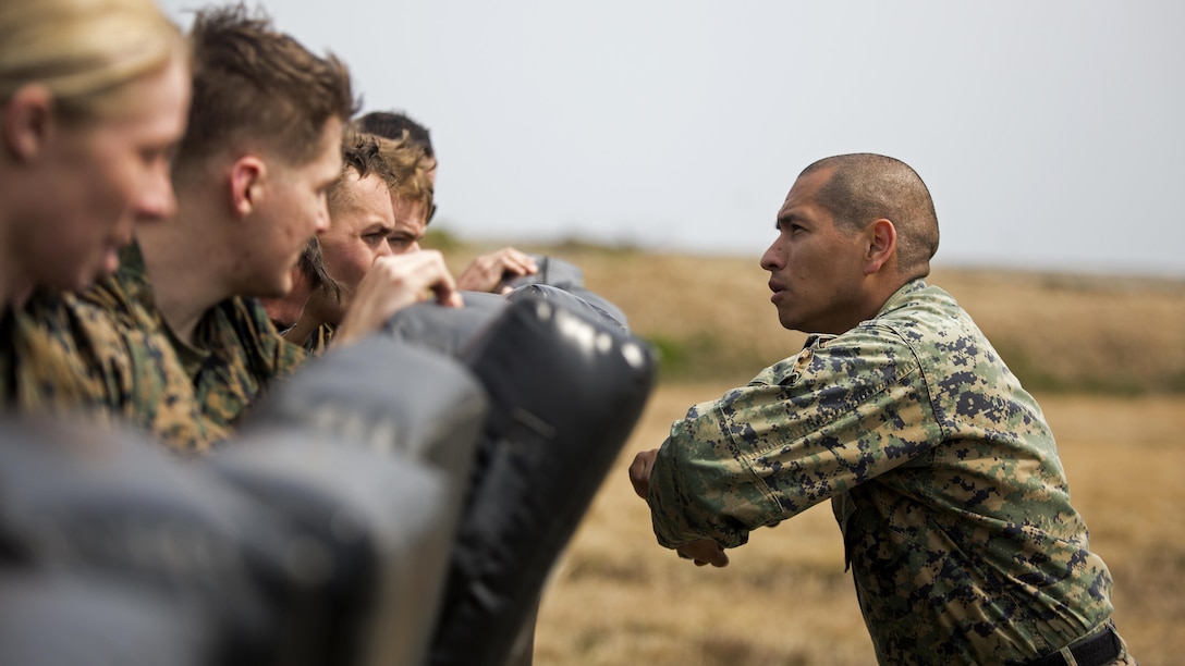 U.S. Marine Corps Gunnery Sgt. Ysac Perez, the air base ground defense staff non-commissioned officer in charge for Marine Wing Support Squadron 171, observes how Marines deal with the set objectives during exercise Tanuki Wrath at Marine Corps Air Station Iwakuni, Japan, March 22, 2017. MWSS-171 conducted the exercise to help train Marines to set up security around a downed aircraft and how to control a riot.
