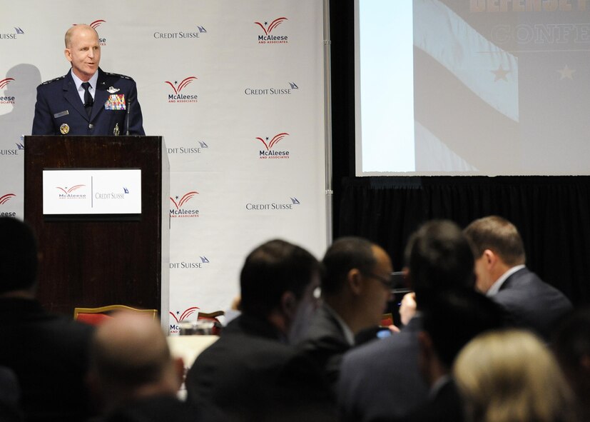 Air Force Vice Chief of Staff Gen. Stephen Wilson, speaks during the eighth annual McAleese/Credit Suisse "Defense Programs" conference March 22, 2017, in Washington, D.C. During the conference, Wilson discussed readiness, force structure and modernization of the Air Force. (U.S. Air Force photo/Staff Sgt. Jannelle McRae)