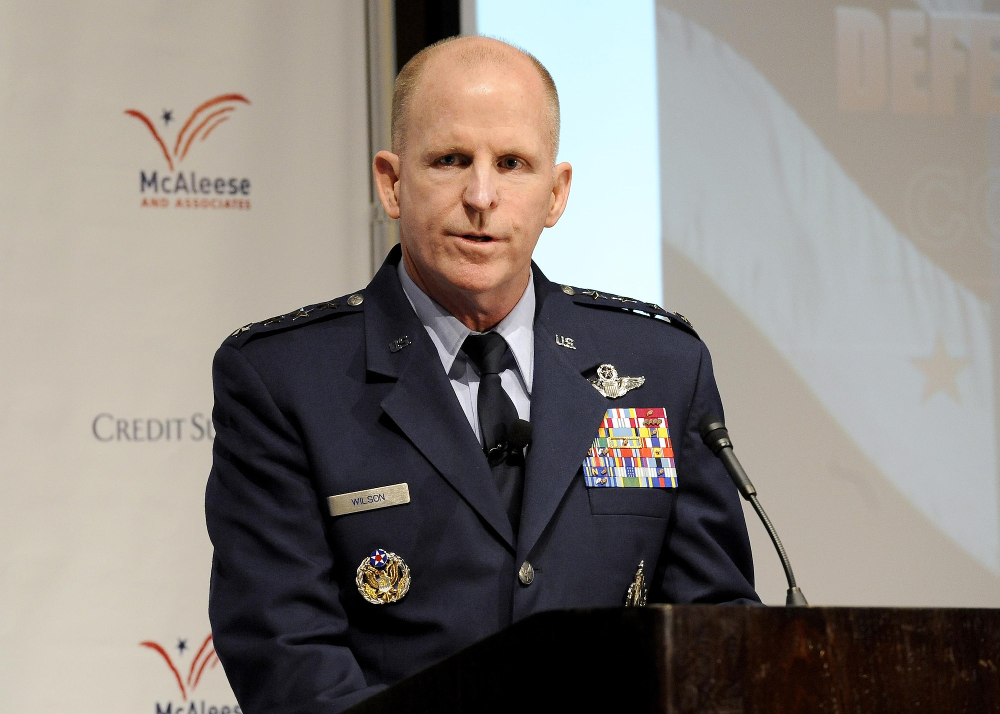 Air Force Vice Chief of Staff Gen. Stephen Wilson, speaks during the eighth annual McAleese/Credit Suisse "Defense Programs" conference March 22, 2017, in Washington, D.C. During the conference, Wilson discussed readiness, force structure and modernization of the Air Force. (U.S. Air Force photo/Staff Sgt. Jannelle McRae)