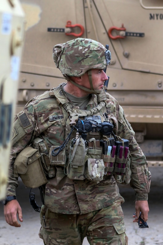 Army Capt. Mark G. Zwirgzdas inspects his company's tactical assembly area near Tarab, Iraq, March 17, 2017. Zwirgzdas is assigned to the 82nd Airborne Division’s 2nd Brigade Combat Team, Combined Joint Task Force Operation Inherent Resolve. Army photo by Staff Sgt. Jason Hull