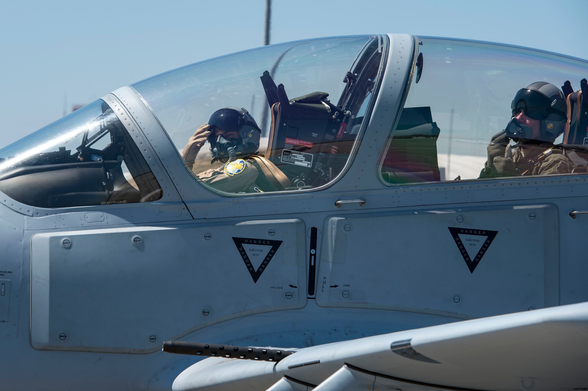 A Lebanese A-29 Super Tucano student pilot and a U.S. instructor pilot from the 81st Fighter Squadron, conduct the first “in-seat” training sortie, March 22, 2017, at Moody Air Force Base, Ga. The program began in March 2017 and is designed to ensure the Lebanon air force receives the support and training needed to safely and effectively employ the A-29 Aircraft. (U.S. Air Force photo by Tech. Sgt. Zachary Wolf)