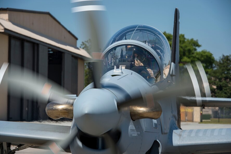 A Lebanese A-29 Super Tucano student pilot and a U.S. instructor pilot from the 81st Fighter Squadron, conduct the first “in-seat” training sortie, March 22, 2017, at Moody Air Force Base, Ga. The program began in March 2017 and is designed to ensure the Lebanon air force receives the support and training needed to safely and effectively employ the A-29 Aircraft. (U.S. Air Force photo by Tech. Sgt. Zachary Wolf)