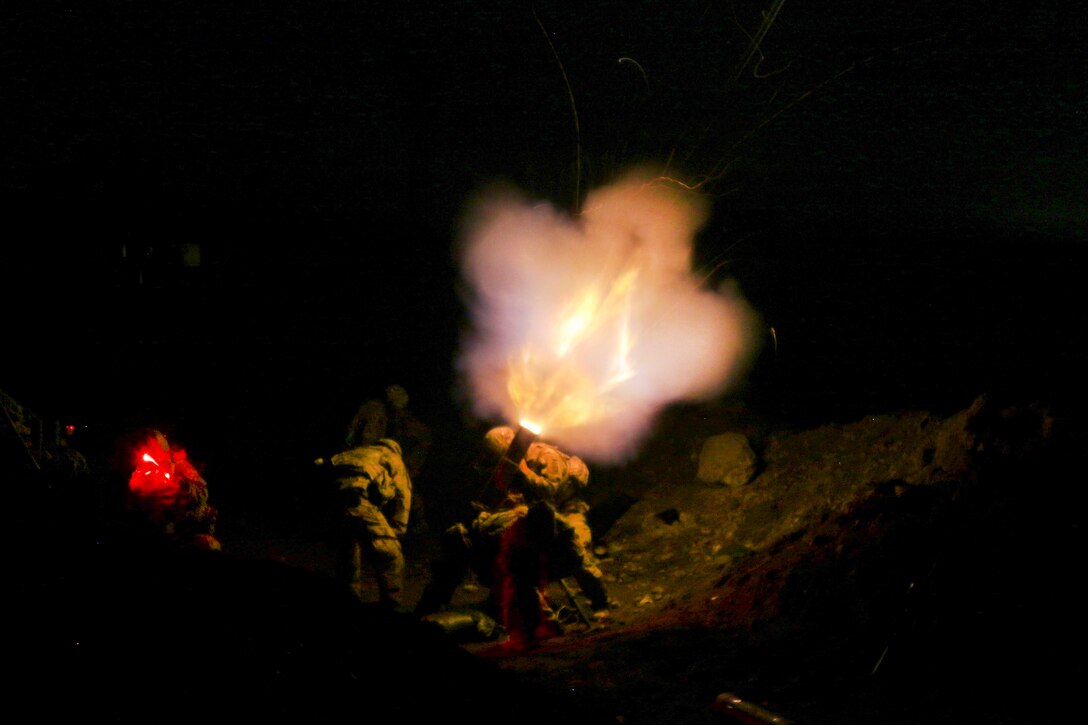 Soldiers fire a M224 mortar system in support of operations by the Iraqi army's 9th Division near Tarab, Iraq, March 18, 2017. Army photo by Staff Sgt. Jason Hull