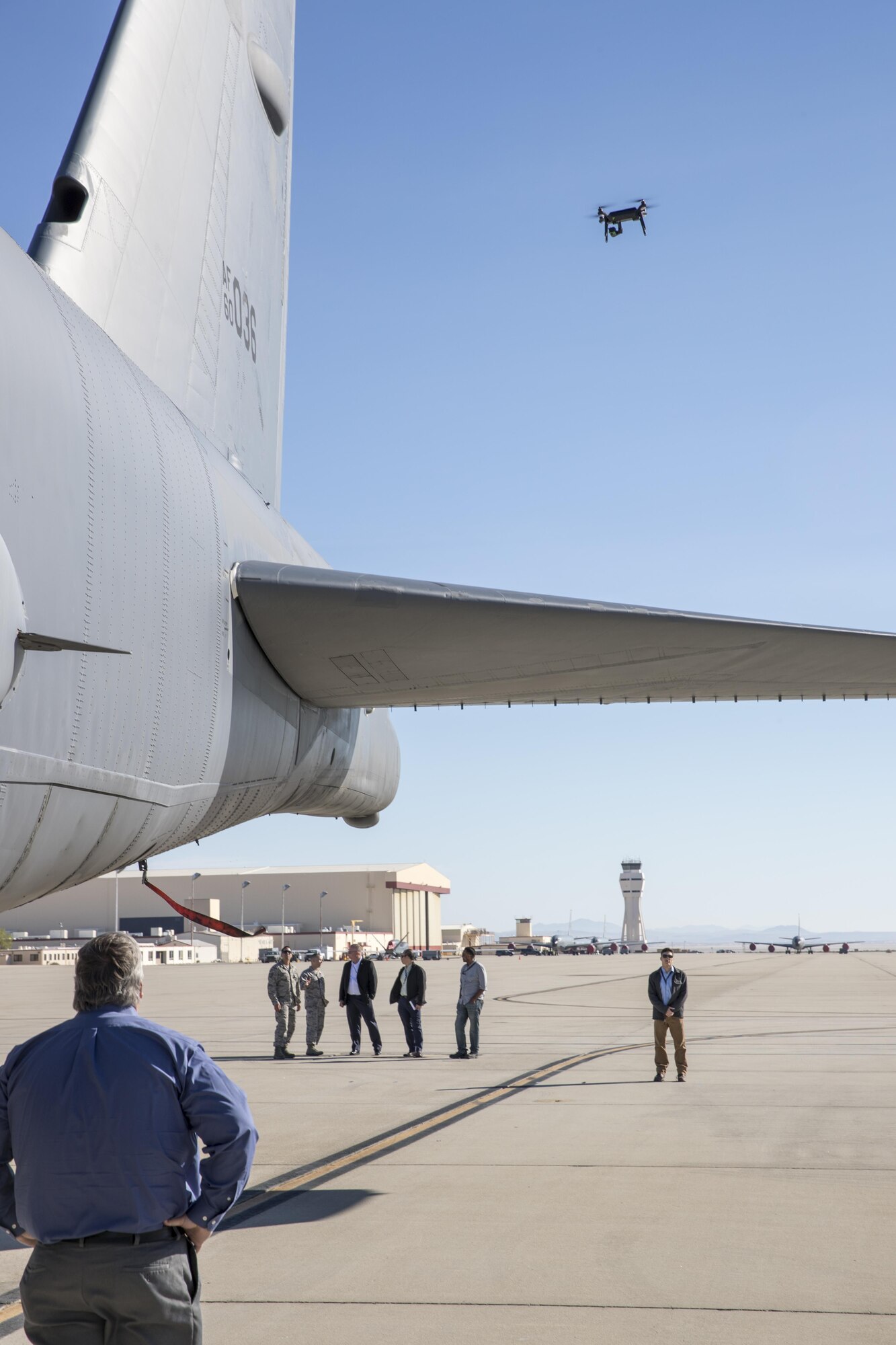 On March 16, the Emerging Technologies Combined Test Force used a small quadcopter equipped with a camera to perform a visual inspection of a B-52 Stratofortress. This was the first-ever test using a small unmanned aerial system near an active taxiway on an Air Force flightline.
(U.S. Air Force photo by Christian Turner)