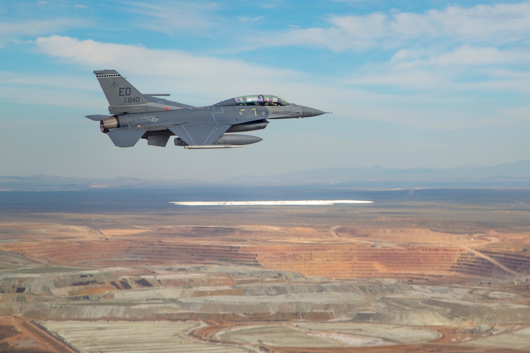 This F-16 Fighting Falcon from the 416th Flight Test Squadron served as a target for another F-16, which was testing the fifth-generation APG-83A radar March 20. (U.S. Air Force photo by Christopher Okula)
