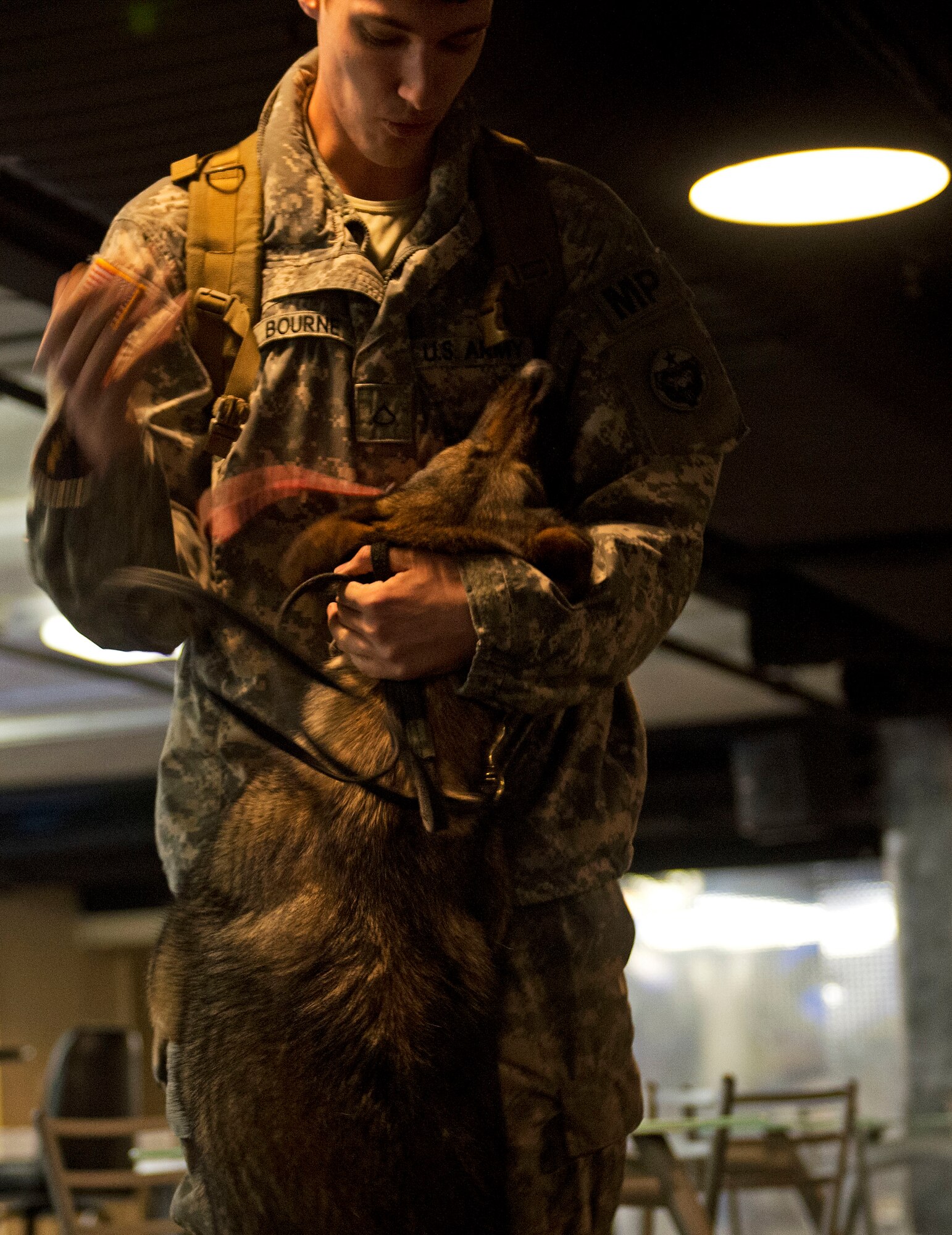 Darla, a German shepherd, assigned to the 549th Military Working Dog Detachment, U.S. Army Alaska, hugs her handler while searching a building on Joint Base Elmendorf-Richardson, Alaska, during explosives and illicit drugs detection training, March 21, 2017.  Soldier/dog teams were evaluated on search techniques, and effective detection in practical scenarios. 