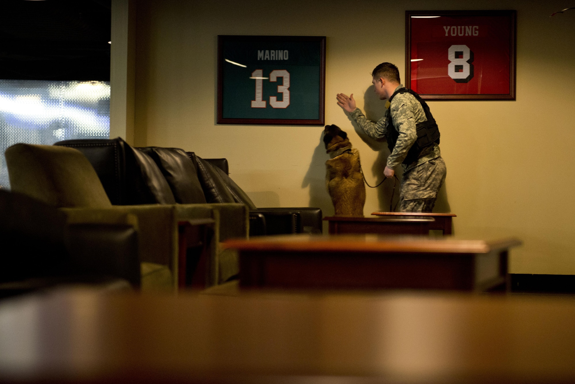 Army Pvt. Cody Careyette, a native of Raleigh, N.C., and Daga, a Belgium malinois, both assigned to the 549th Military Working Dog Detachment, U.S. Army Alaska, search a building on Joint Base Elmendorf-Richardson, Alaska, during explosives and illicit drugs detection training, March 21, 2017.  Soldier/dog teams were evaluated on search techniques, and effective detection in practical scenarios.