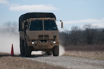 A 416th TEC Soldier goes through the brake test portion of the off-road driving course at the Joliet Training Area, Elwood, Ill. The brake test offers trainees the ability to feel how the M1083 A1 Medium Tactical Vehicle comes to a sudden stop, in a controlled environment (U.S. Army photo by Staff Sgt. Jason Proseus/released).