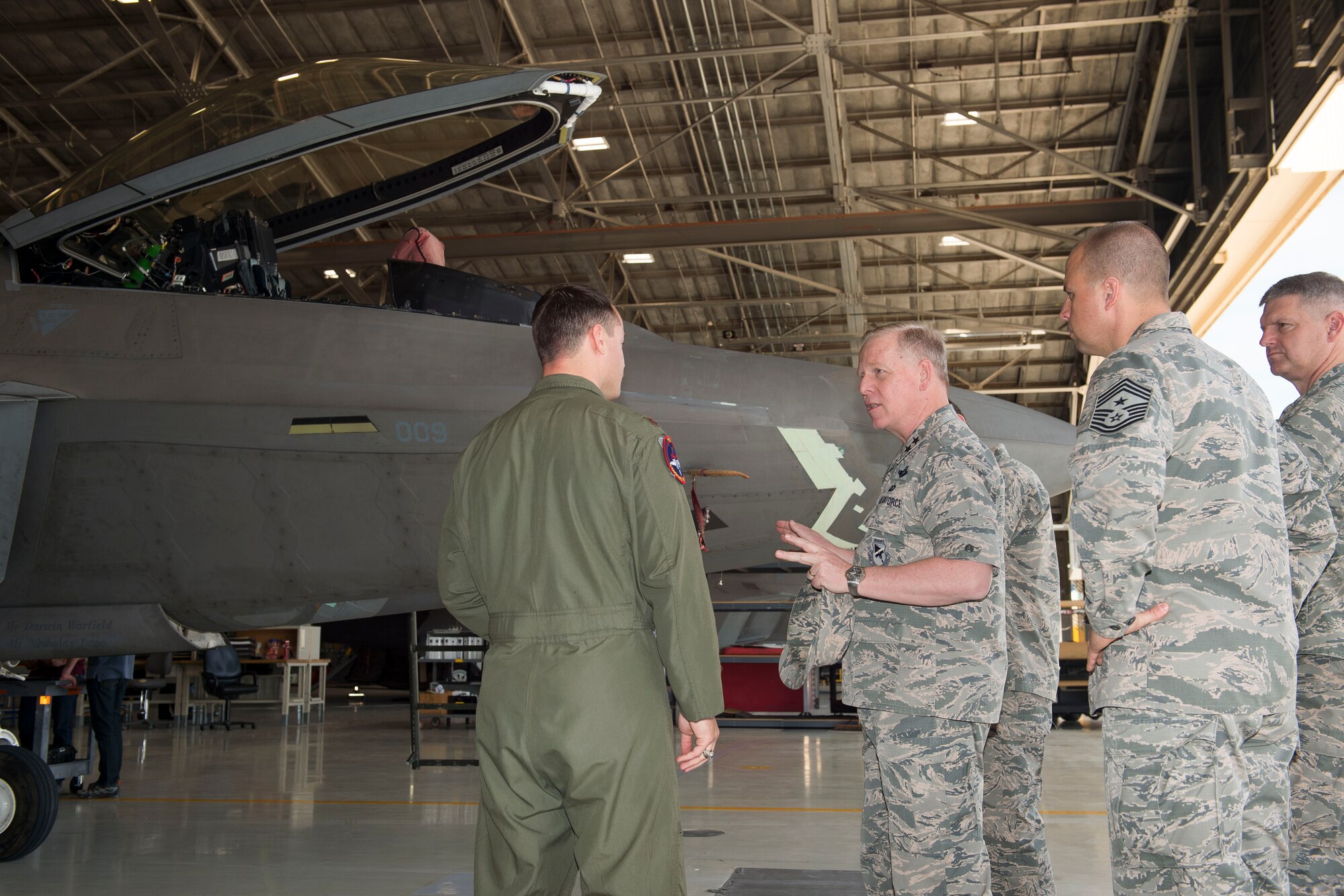 Major General Harris Meeting with 411th personnel, while touring the recently moved F-22 compound. (U.S. Air Force photo by Ethan Wagner)