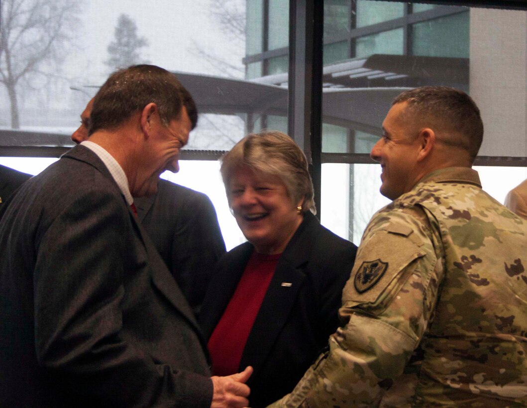Army Brig. Gen. John S. Laskodi shares a laugh with retired Army Maj. Gen. Lynn Collyar and retired Brig. Gen. Barbara Doornink during DLA Distribution’s first former commanding general’s forum. 
