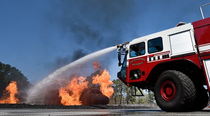 A controlled Aircraft Training Fire Mock up is extinguished by firefighters of the 628th Civil Engineer Squadron and 628th Air Base Wing leadership during a live-fire training exercise at Joint Base Charleston, South Carolina, March 21, 2017. Col. Robert Lyman, 628th ABW commander, and Chief Master Sgt. Todd Cole, 628th ABW command chief, visited the training site to get face-to-face interaction with members of the 628th CES and thank them for their commitment to their mission. The training participants practiced fighting fires to fulfill mobility and annual training requirements. 