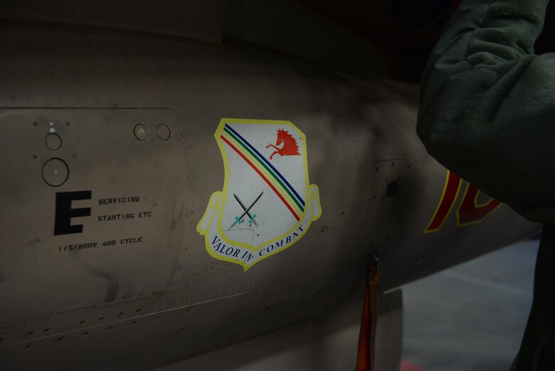 The 354th Fighter Wing (FW) shield painted on an F-16 Fighting Falcon aircraft, March 21, 2017, at Eielson Air Force Base, Alaska. Since its constitution in 1942, the 354th FW has seen action in every major conflict in which the United States has been involved, except for the Korean Conflict. (U.S. Air Force photo by Airman Eric M. Fisher)